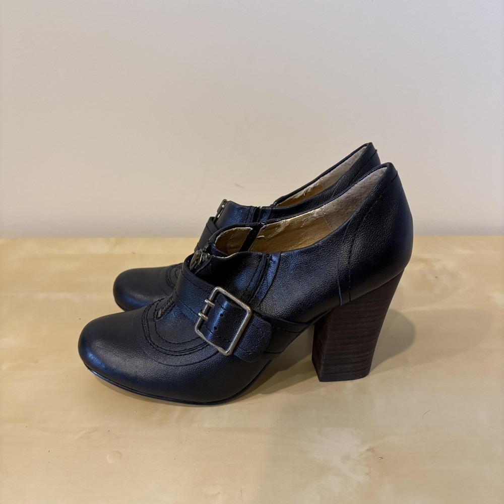 Seychelles Shoes Womens Size 8.5 Black Leather Buckle Heels Zip Bootie Retro‎